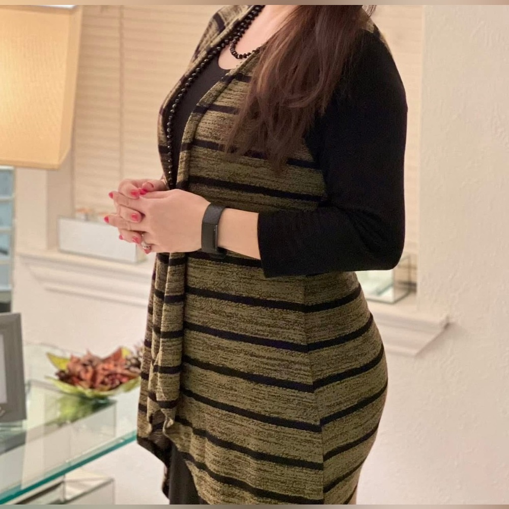 Haani Small Size Dress Black/Green striped  3/4 sleeve fall/winter dress